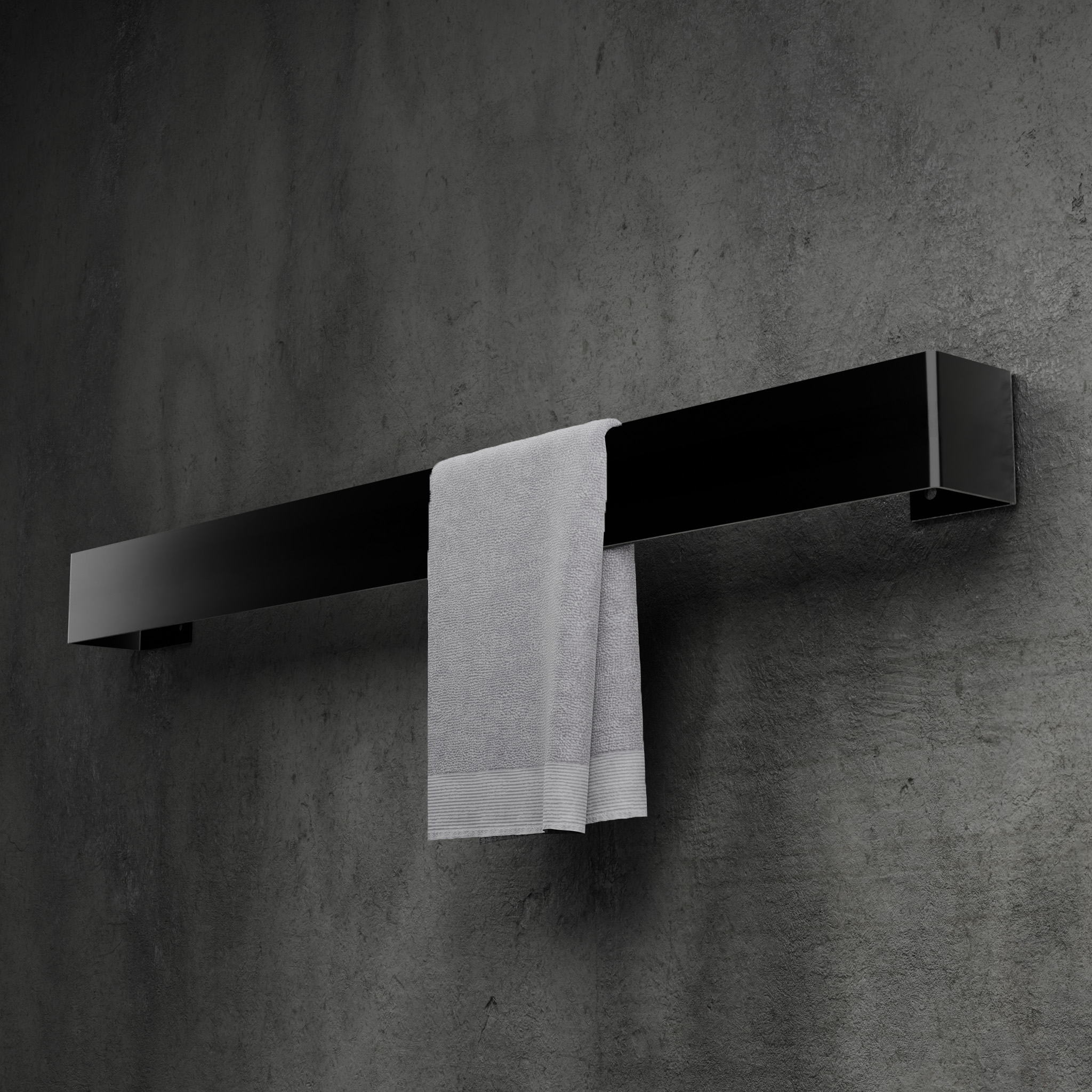 Czarny wieszak na ręczniki – nowoczesny i funkcjonalny dodatek do łazienki. Wykonany z trwałego aluminium, odporny na wilgoć i rdzę. Minimalistyczny design w stylu loftowym, idealny do eleganckich wnętrz. Podwójna belka zapewnia wygodne przechowywanie ręczników. Montaż na ścianie sprawia, że wieszak oszczędza miejsce i utrzymuje porządek. Doskonały wybór do nowoczesnych łazienek, hoteli i pensjonatów.