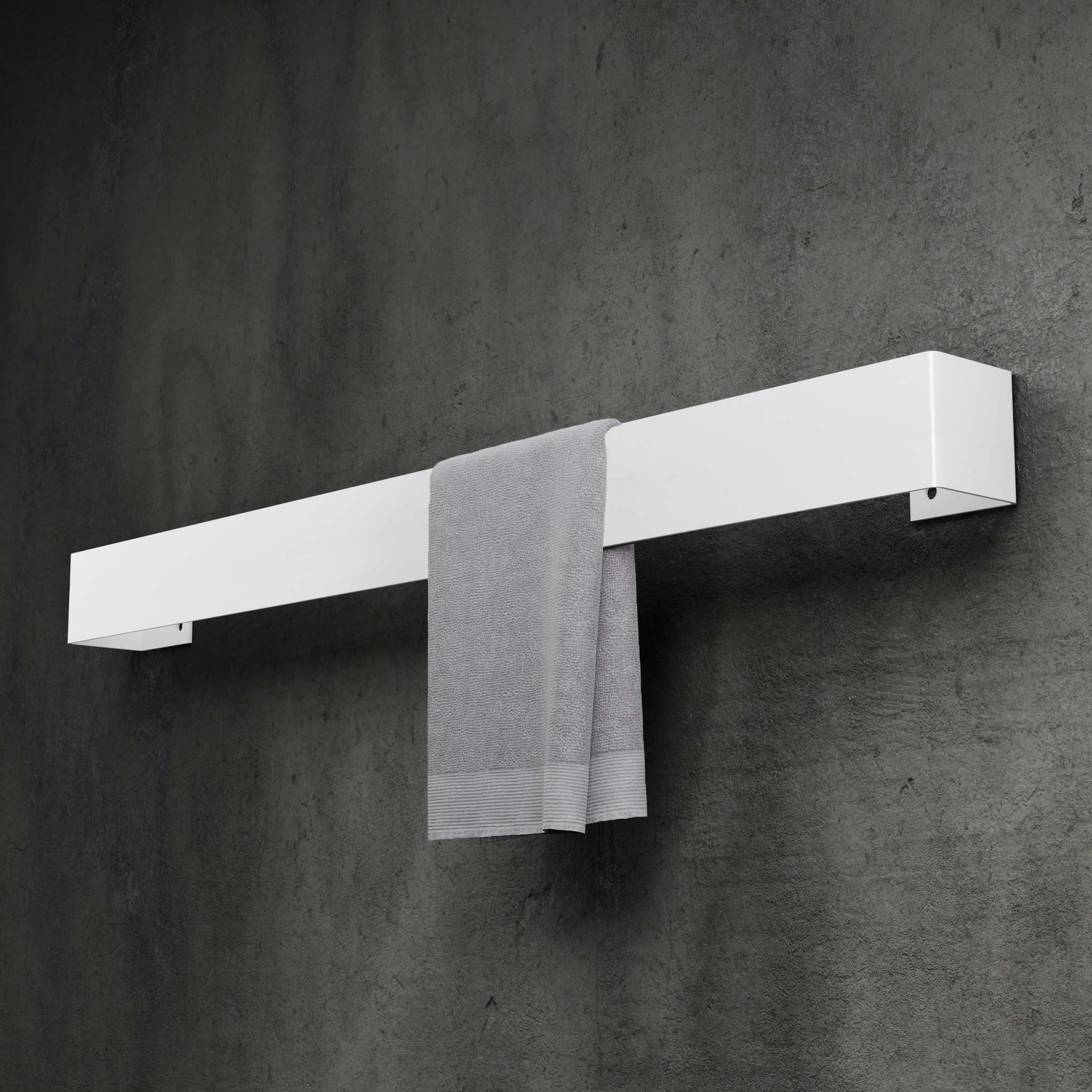 Minimalistyczny, biały wieszak na ręczniki wykonany z trwałego aluminium. Nowoczesny, loftowy design z podwójną belką, idealny do eleganckich i funkcjonalnych łazienek. Montowany na ścianie, zapewnia wygodne przechowywanie i szybki dostęp do ręczników.