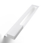 Nowoczesna biała półka łazienkowa Orion z wbudowanym uchwytem na ręcznik. Wykonana z metalu, o minimalistycznej, geometrycznej formie.