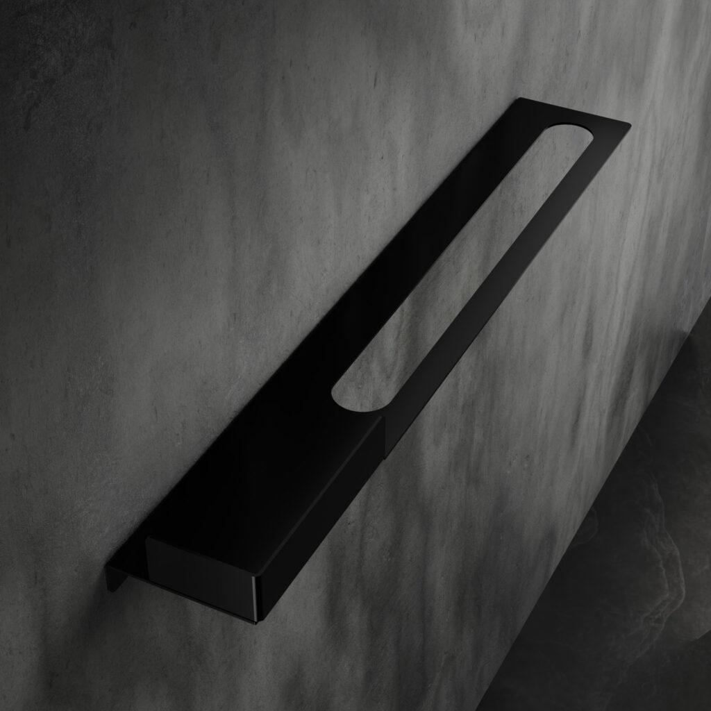 Nowoczesna czarna półka łazienkowa Orion z wbudowanym uchwytem na ręcznik. Wykonana z metalu, o minimalistycznej, geometrycznej formie.